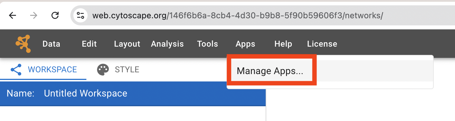 Cytoscape Web Apps menu for managing external services