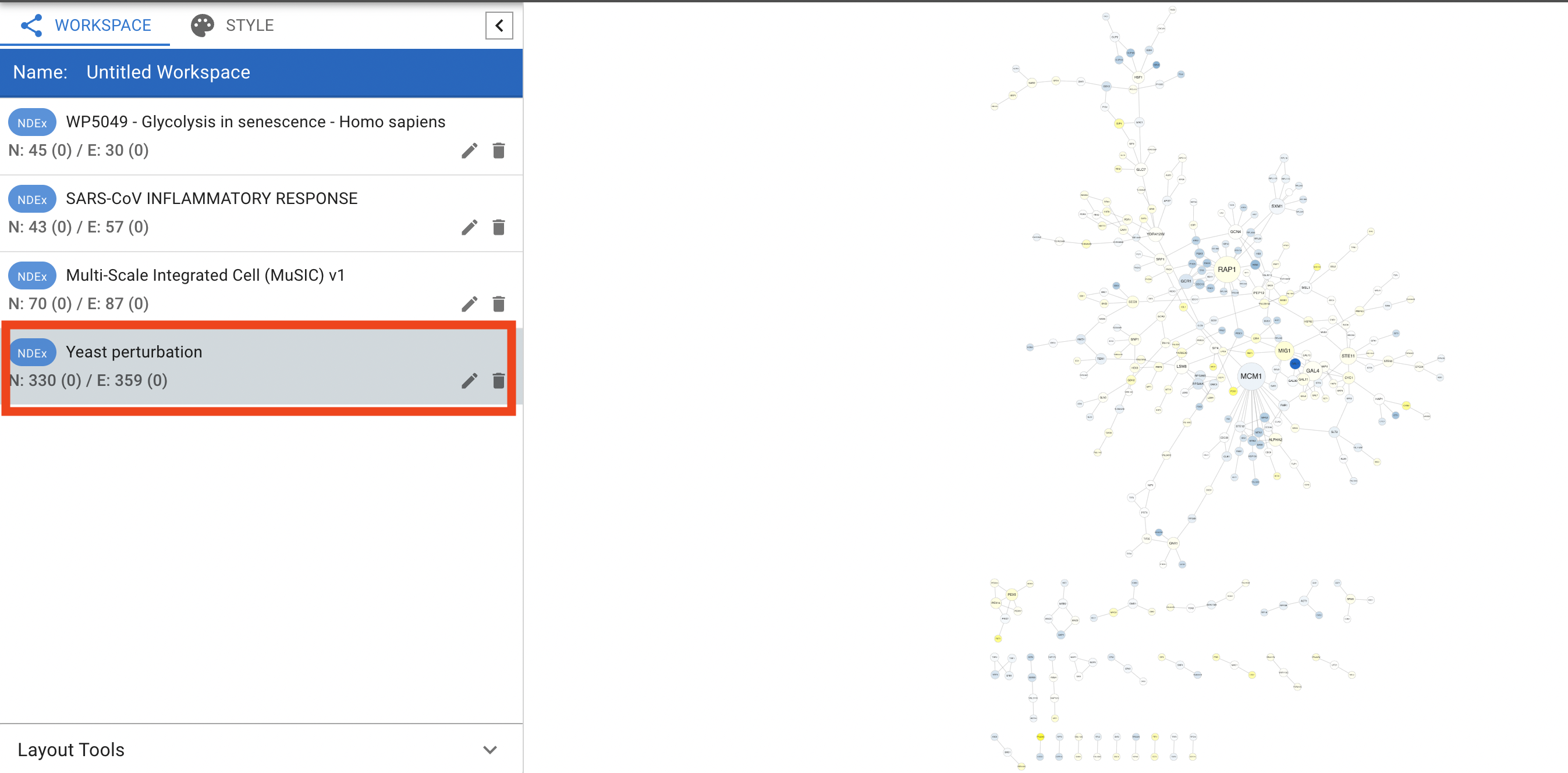 Cytoscape Web Sample Networks panel showing the Yeast preturbation network