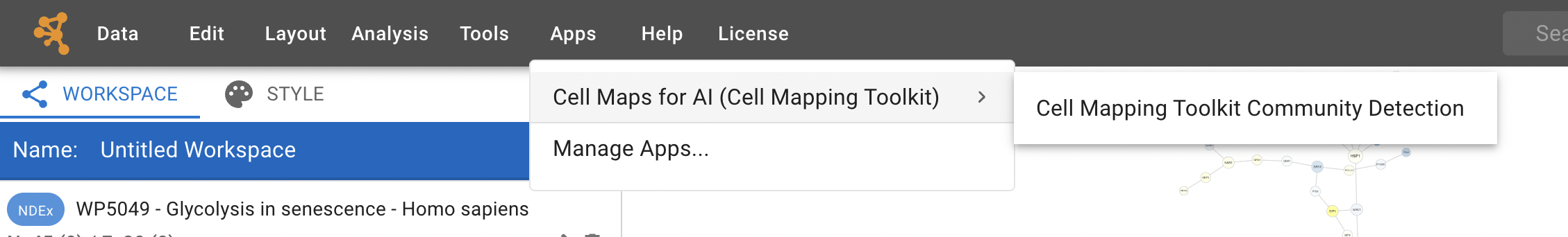 Cytoscape Web Apps menu showing the Cell Mapping Toolkit Community Detection app