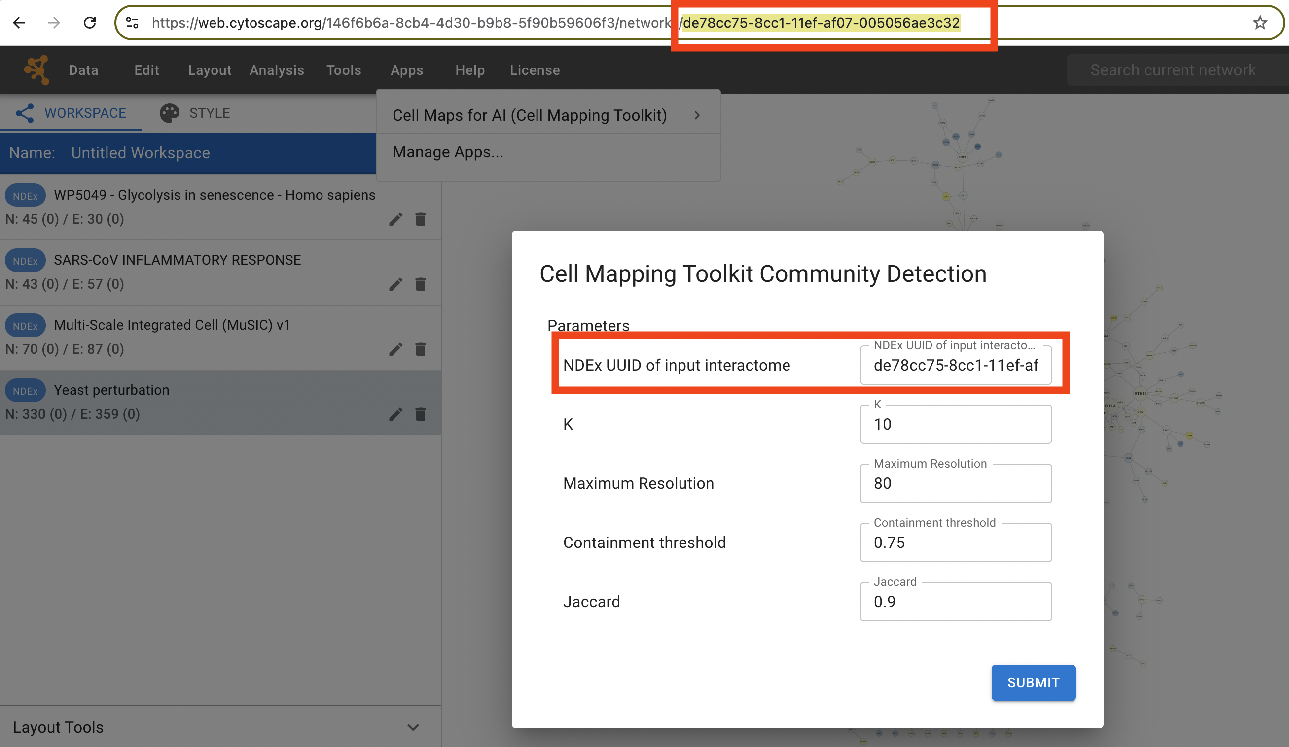 Cytoscape Web dialog for the Cell Mapping Toolkit Community Detection app showing the NDEx UUID input field