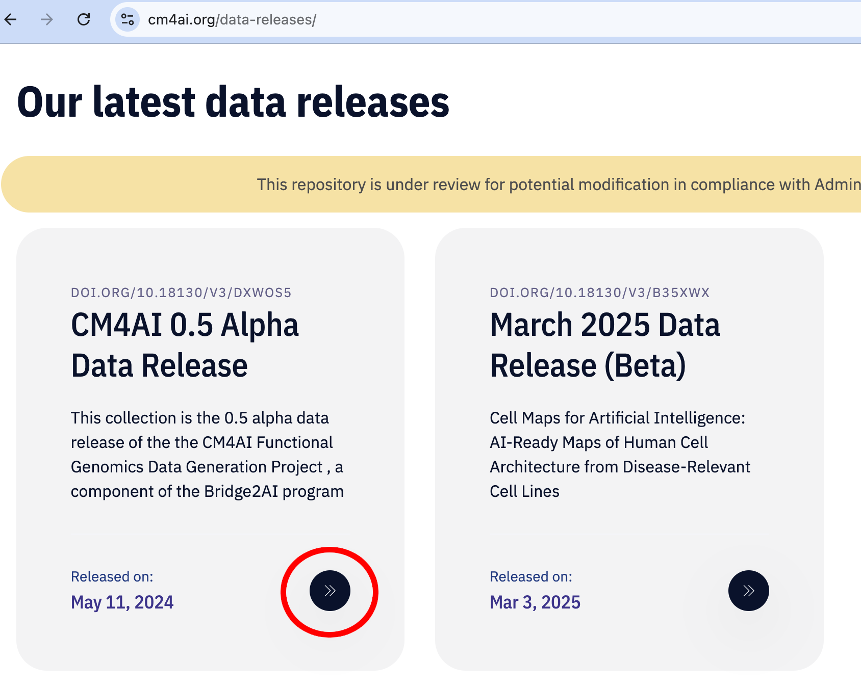 Link to CM4AI 0.5 data release circled in red